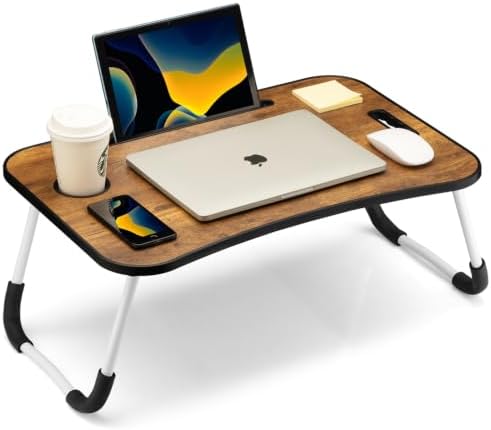 FISYOD Foldable Laptop Table, Portable Lap Desk Bed Table Tray, Laptop Stand with Cup Holder & Tablet Slot & Lifting Handle for Working Writing Drawing & Eating (Rustic Brown)