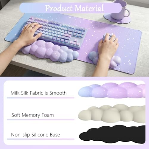 Cloud Mouse Pad Keyboard Wrist Rest 4PCS Extended Large Galaxy Stars Desk Mat Pad Set Memory Foam Non-Slip Cute Ergonomic Gaming Mouse Pad Wrist Support for Computer Home Office Purple Blue