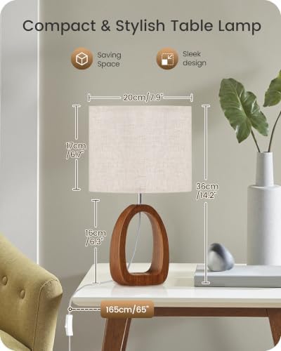 Small Table Lamp, 14.2" Cute Little Desk Lamp, Wood Bedside Lamp with Linen Lampshade, Modern Nightstand Lamp for Bedroom, E26 Base, Bulb Not Included, Beige and Dark Natural LE07TL05