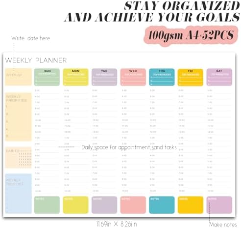 Undated Weekly Hourly Planner Notepad, Tear-Off ADHD Planner,Weekly Planner,Weekly Schedule Planner,Weekly To Do List Notepad(52 Sheets,8.5"x11",Colorful)