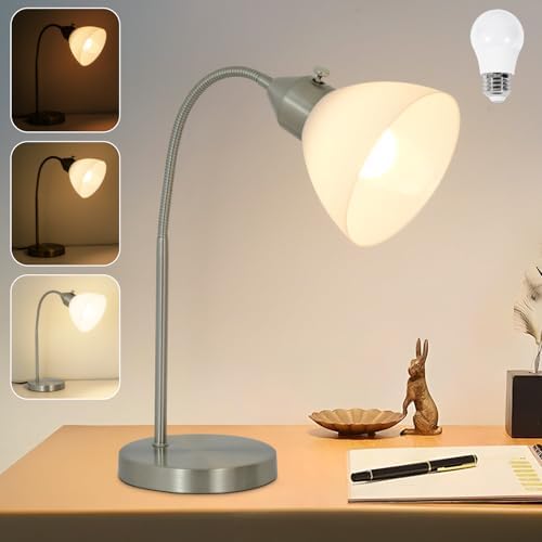 RISLG LED Desk Lamp for Home Office, 3 Levels Dimmable Reading Light, Flexible Table Lamp for Bedside Office, Rotary Switch Control, Desk Lamp for College Dorm Study Lamp, Bulb Included, Sliver