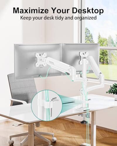 Dual Monitor Stand for 2 Screens up to 32 inch, Vertical Stacked Dual Monitor Mount, Full Motion Adjustable Tall Double Monitor Desk Mount, Each Arm Holds 4.4-22lbs, VESA 75/100mm, White, Freelift