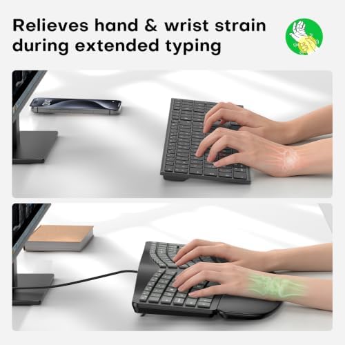 OMOTON USB-A Type-C Ergonomic Keyboard Wired with Cushioned Wrist Rest