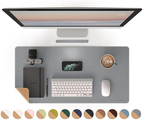 RENMTURE Dual-Sided Mouse Pad, Natural Cork & PU Leather Large Desk Pad for Office and Home Work, Desk Protector Non-Slip, Waterproof, Easy Clean (Gray, 32"x16")