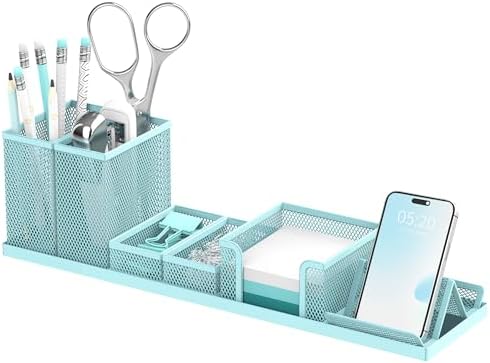 Pen Holder for Desk, 6-Piece Mesh Desk Organizer with Phone Holder, Blue