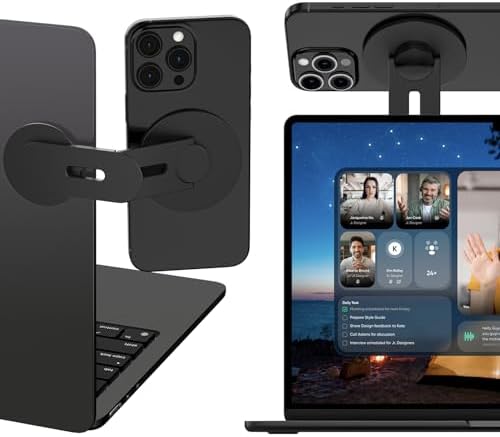 Magnetic Phone Holder for Laptop, 360° Adjustable MacBook Monitor Side Mount for iPhone 17 Pro Max/16/15/14/13/12 MagSafe for Tesla, Portable Foldable Cell Phone Holder Accessory, Black