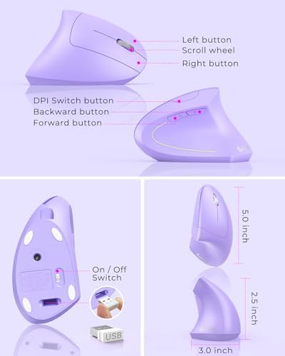 Lekvey Ergonomic Mouse, Rechargeable Wireless Vertical Mouse, Light Purple