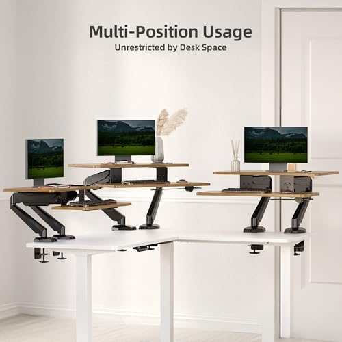 Claiks 24-Inch Sit-Stand Workstation，Innovative Space-Saving Height-Adjustable Ergonomic Desk Converter with Wide Keyboard Tray，Dual Fixation and Flexible Rotation Function, Rustic Brown
