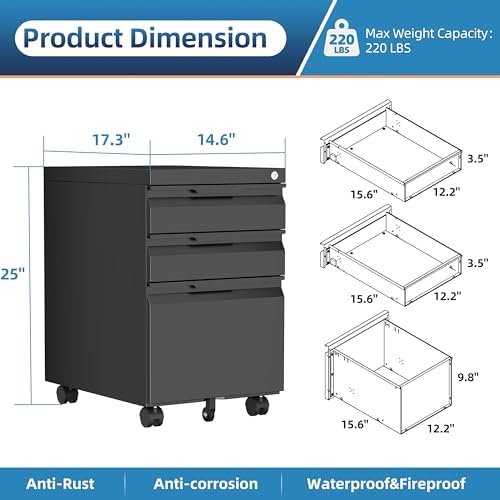 3 Drawer File Cabinet Under Desk with Wheels,Metal Small Filing Cabinets for Home Office Organizer,Rolling Filing Cabinets Under Desk Storage for Letter/Legal/A4,Assembly Required,Black