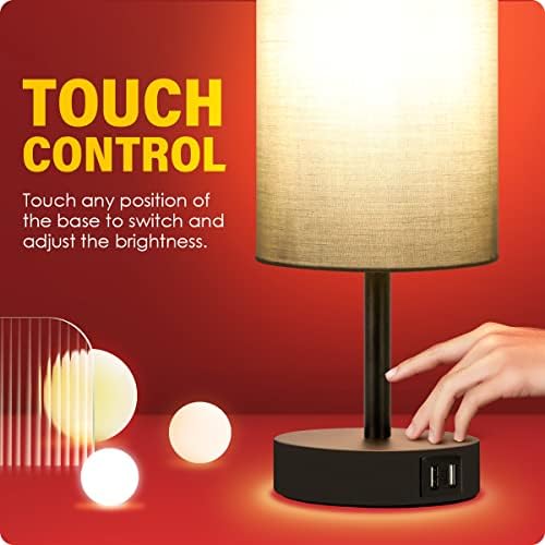Yarra-Decor Bedside Lamp with USB Port - Touch Control Table Lamp for Bedroom 3 Way Dimmable Nightstand Lamp with Round Grey Fabric Shade for Living Room, Dorm, Home Office (LED Bulb Included)