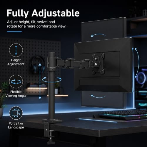 Single Monitor Desk Mount, Adjustable Pole, 17-27 Inch, VESA 75/100