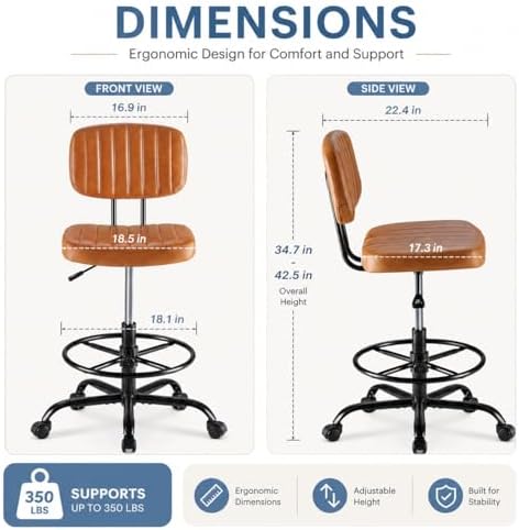 Simple Deluxe Armless Drafting Chair, Low Back PU Leather Office Seat with Footrest Ring, Swivel Rolling Stool for Standing Desk, Studio, Lab, Counter and Small Spaces, Brown