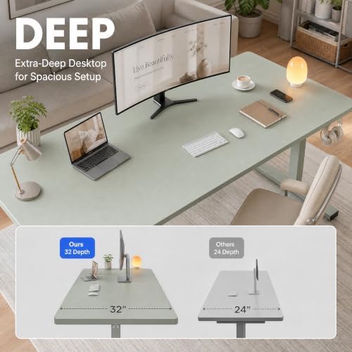 Grandder 55x32 Extra-Deep Electric Standing Desk, Wide Desktop Fits 49" Ultrawide Monitor Dual Screens, 176lbs Capacity, 2 Memory Presets, Anti Collision, Computer Desk for Home Office&Gaming, Green