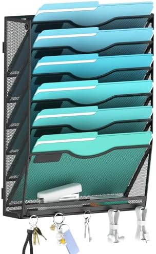 Gawerk 7-Tier Wall File Organizer Hanging Wall File Holder Wall Mount Paper Folder Organize, Mesh Magazine Document Mail Organizer for Office School Home, Black