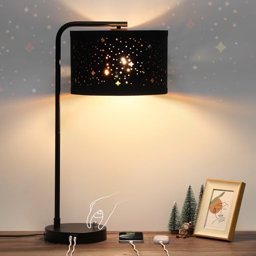 Bedside Table Lamp with USB C+A Ports, 25" Tall Fully Dimmable Side Lamp