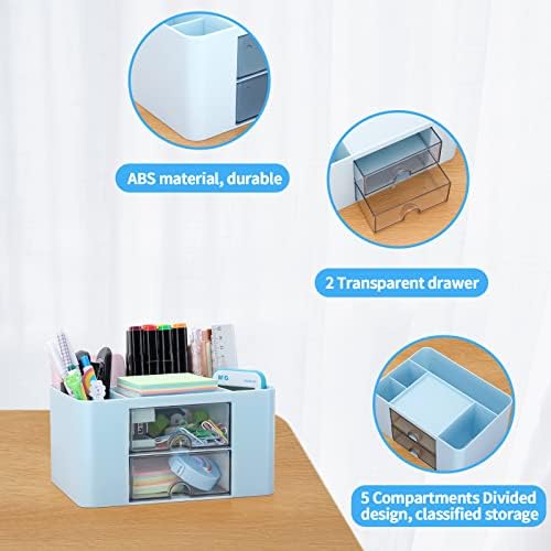 Desk Organizer with 2 Drawer, Plastic Desktop Pen Pencil Card Holder Storage Box for Desk, Office Supplies, Vanity Table Office School Home (Blue)