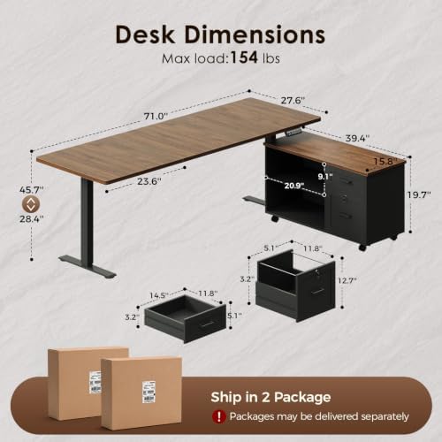 OffiGo 71" L Shaped Electric Standing Desk with Cabinet Sets, Walnut/Black