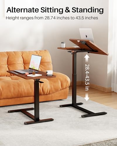 Overbed Table with Wheels, Pneumatic Lift, Foldable Top (Brown)