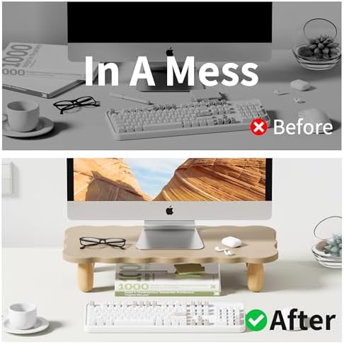 AFOOYO Monitor Stand Riser,Cookie-Shaped Sturdy Wood Computer Monitor Stand, Monitor Stand Riser, Multi-Purpose Desktop Organizer Riser for Computer,Laptop,Printer,TV,khaki