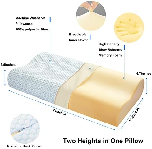 Anvo Memory Foam Pillow, Neck Contour Cervical Orthopedic Bed Pillow for Sleeping Side Back Stomach Sleeper, Ergonomic Design for Neck and Shoulder Pain Relief, Blue White, Soft