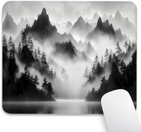 Misty Pine Forest Foggy Mountain Mouse Pad, Black and White Desk Mat