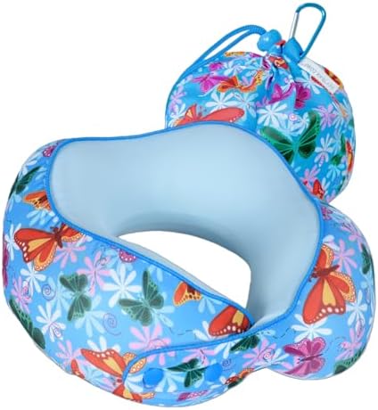 SKYTRAX® Certified Kids Safe Memory Foam Travel Neck Pillows for Kids and Toddlers Cute Cartoon Design, Car Seat & Airplane Head Neck Support, Adjustable Snap Buttons Washable Soft Cover (Butterfly)
