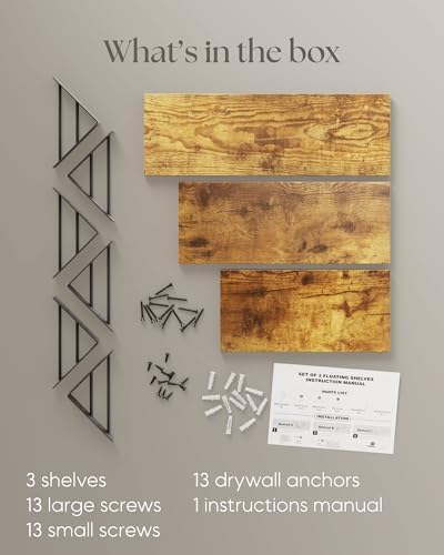BAYKA Wall Mounted Floating Shelves (Rustic Brown, Set of 3, 16" Mixed)
