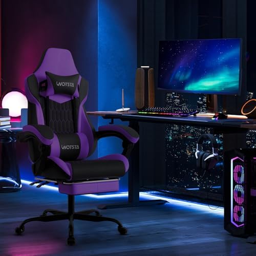 Gaming Chair with Footrest, High Back Gaming Chairs PVC Leather Ergonomic Gamer Chair with Adjustable Headrest Lumbar Support Racing Style Video Gaming Chair for Office/Home (Purple)