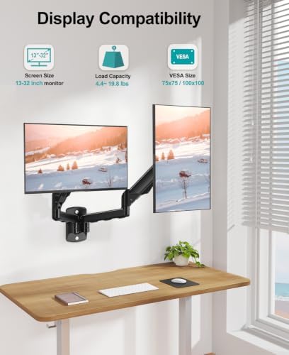 MOUNT PRO Dual Monitor Wall Mount for 2 Computer Screen up to 32 Inch, Gas Spring Double Monitor Arm Holds Up to 19.8lbs Each, Full Motion Adjustable Wall Monitor Mount, VESA Mount 75x75/100x100