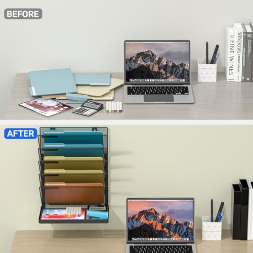 Legal/A4/Letter Size/A3 6 Tier Wall File Organizer,2-in-1 Wall Mounted&Desktop File Holder,2 Installation Methods Screws & Adhesive,Mesh Document Organizer with Label Plate for Home Office