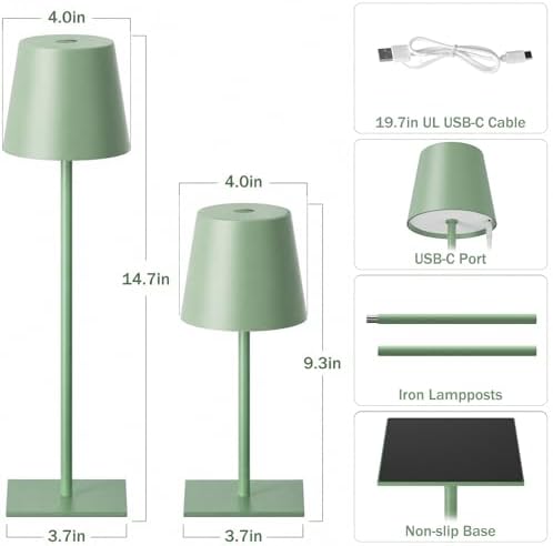 Kakanuo Green Cordless Rechargeable Table Lamp, 2 Pack Portable Desk Lamp with 5000mAh Battery, Touch Control Stepless Dimming, Wireless Night Light for Dining, Outdoor Camping