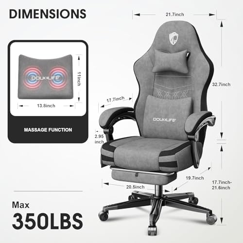 Gaming Chair, Fabric Computer Office Chair with Massage, Ergonomic Chair with Footrest Lumbar Support, Pocket Spring Widened Cushion Metal Legs 350LBS Light Gray