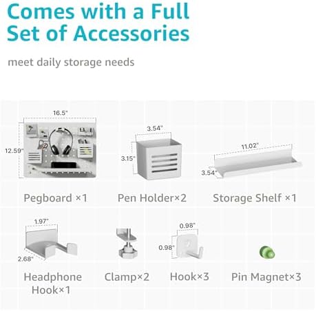 PEGZONE Clamp on Desk Pegboard, 16.5" x 12.6", with 10 Accessories, White