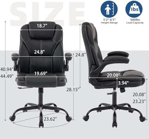 Big and Tall Office Chair 500lbs Wide Seat, Leather Executive Desk Chair with Ergonomic Lumbar Support, PU Padded Flip-up Armrests Computer Chair, High Back Swivel Gaming Chair for Heavy People, Black