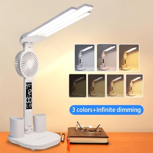 Foldable Led Desk Lamp with Fan Clock Light Study, 3 Lighting Modes, Adjustable Table Lamp Dimmable Eye Caring Reading Lamp for Home Office College Dorm Bedroom Bedside