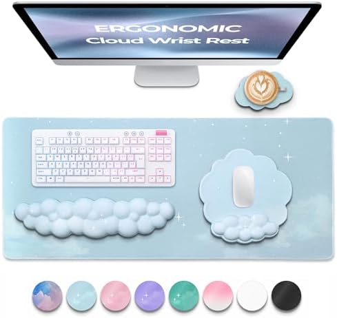 Premium Quality Cloud Wrist Rest Keyboard & Mouse Pad Set – Ergonomic Memory Foam Desk Accessories with Wrist Support for Office & Gaming – Baby-Blue-Sky