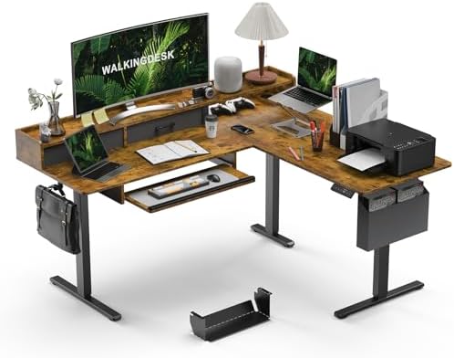 WALKINGDESK 63 Inches L Shaped Standing Desk with Keyboard Tray and 2 Drawers, L Shaped Electric Standing Desk, Adjustable L Shaped Office Desk,Corner Standing Desk for Home Office, Rustic Brown