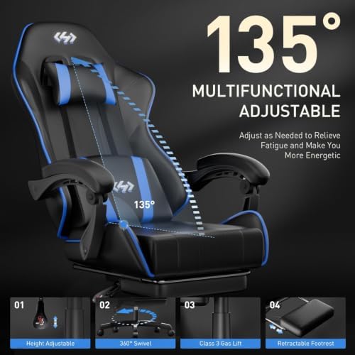 HLDIRECT Gaming Chair with Footrest, Lumbar Support & Headrest, Black&Blue