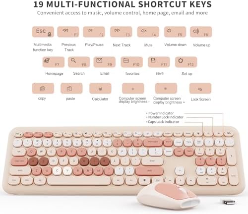 SkyGive Wireless Keyboard and Mouse Combo, Colorful Ergonomic Full Size Retro Low-Noise Keyboard with Cute Keycaps, Neutral Brown Keyboard, Compatible with Windows, PC, Perfect for Home and Office