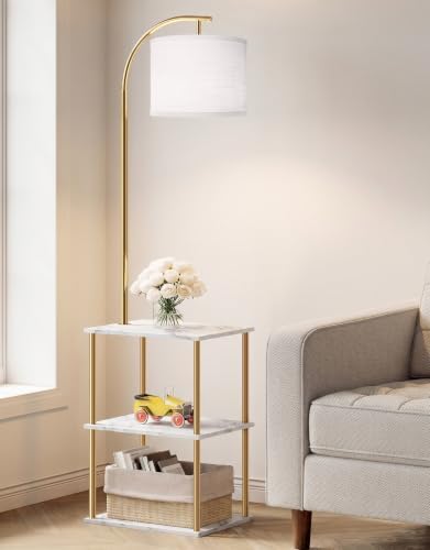 PARTPHONER Floor Lamp with Table, Night Stand with Lamp, Narrow Side Table with 3CCT LED Bulb, Small Coffee Table, Modern End Table with Storage Shelves for Living Room, Marble White and Gold Poles