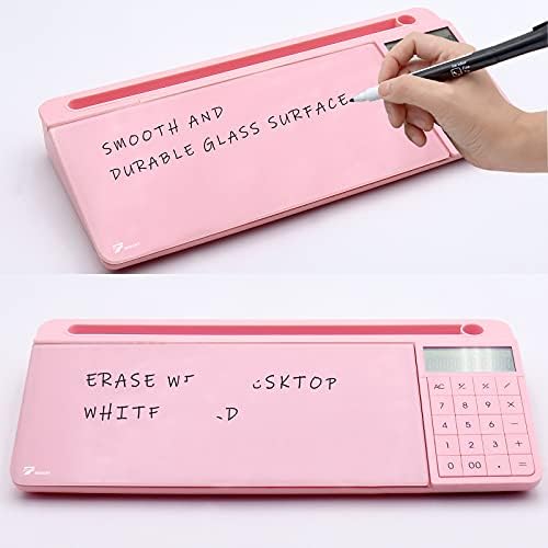 TOWON Glass Desk Whiteboard with Calculator 17x6 in, Desk Organizer, Pink