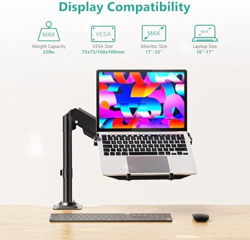 WALI Laptop Desk Mount for 15.6 inch Notebook, Fully Adjustable Single Monitor Arm with Laptop Holder for 32 inch Screen, Laptops Stand with Ventilated Tray, Up to 22 Lbs, (GSDM00LP), Black