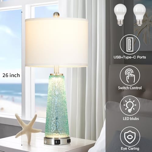 26" Coastal Table Lamps for Living Room, Glass Bedside Lamps with USB A+C Ports & Outlet, Nautical Cracked Glass Nightstand Lamp with Night Light for Bedroom End Table Blue Teal Turquoise Beach Ocean