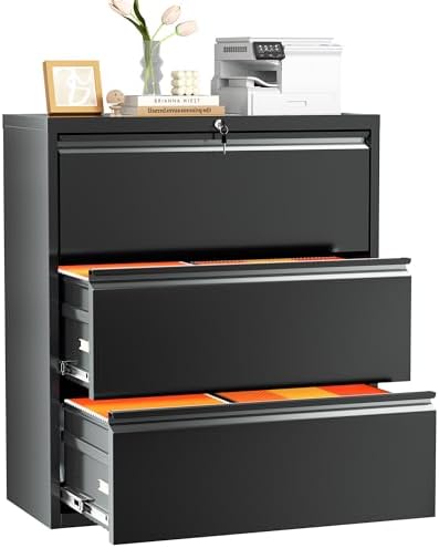 INTERGREAT Lateral File Cabinet 3 Drawer, Metal File Cabinets for Home Office, Locking File Cabinet for Letter/Legal/F4/A4 Size Hanging Files, Easy Assembly, Black