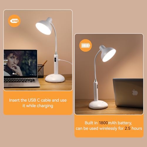 VAVOFO Eye-Caring Wireless Desk Lamp 6781-700 Lumens, 2700-7000K Adjustable Color Temperature, 360° Gooseneck, Touch Control & USB-C Charging, 2.5hrs Cordless Use (White)