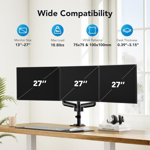 HUANUO Triple Monitor Mount for 13-27 inch Computer Screens, Gaming 3 Monitor Desk Mount with Arm Holds 19.8lbs, Triple Monitors Stand with Tilt, Swivel, Rotation, VESA 75x75, 100x100mm