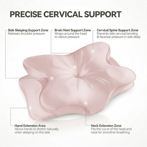 Cervical Neck Pillow for for Neck Support,Ergonomic Memory Foam Contour Pillow with Wrinkle-Resistant Silky Satin Fabric Cover,Orthopedic Bed Pillow for Side,Back,Stomach Sleepers,Pink