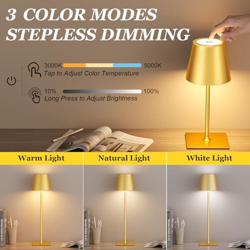 Kakanuo Gold Cordless Rechargeable Table Lamp 5000mAh Battery Operated Lamps, 3 Colors Stepless Dimming Touch Lamp for Living Room, Kitchen Counter, Dining, Outdoor Patio, 2 Pack