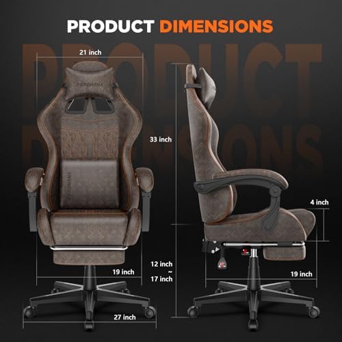 Ferghana Vintage PU Leather Gaming Chair, High Back Gamer Chair with Massage, Ergonomic Computer Office Chair with Footrest for Adults, Racing Style Reclining Video Game Chair Brown