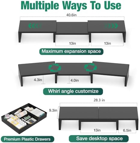 OPNICE Dual Computer Monitor Stand Riser, Desk Organizer with Drawer, Office Desk Accessories & Workspace Organizers for Home Office Supplies, Black